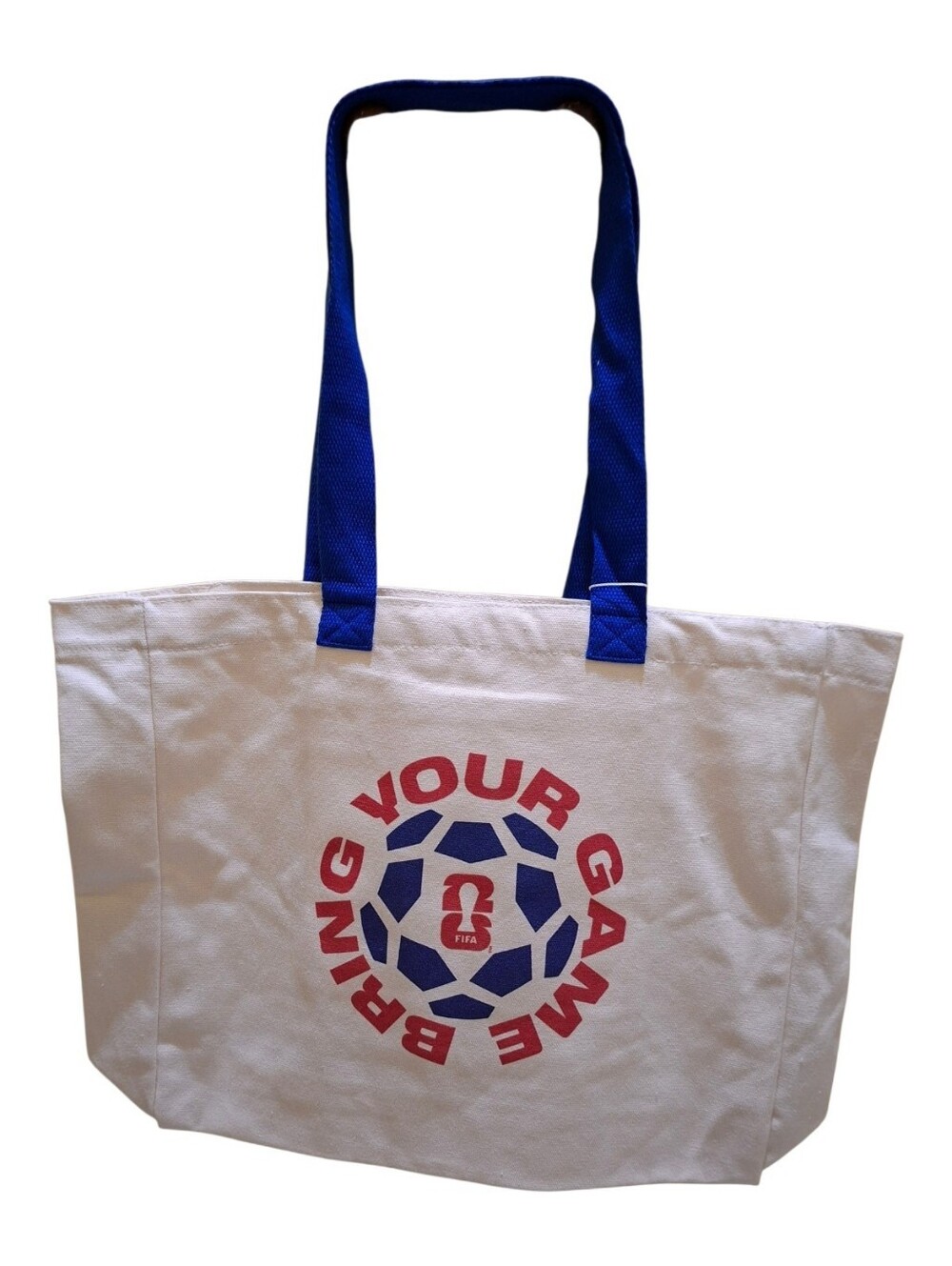 FIFA Canvas Tote Bag with Blue Straps and Red Graphic NWT